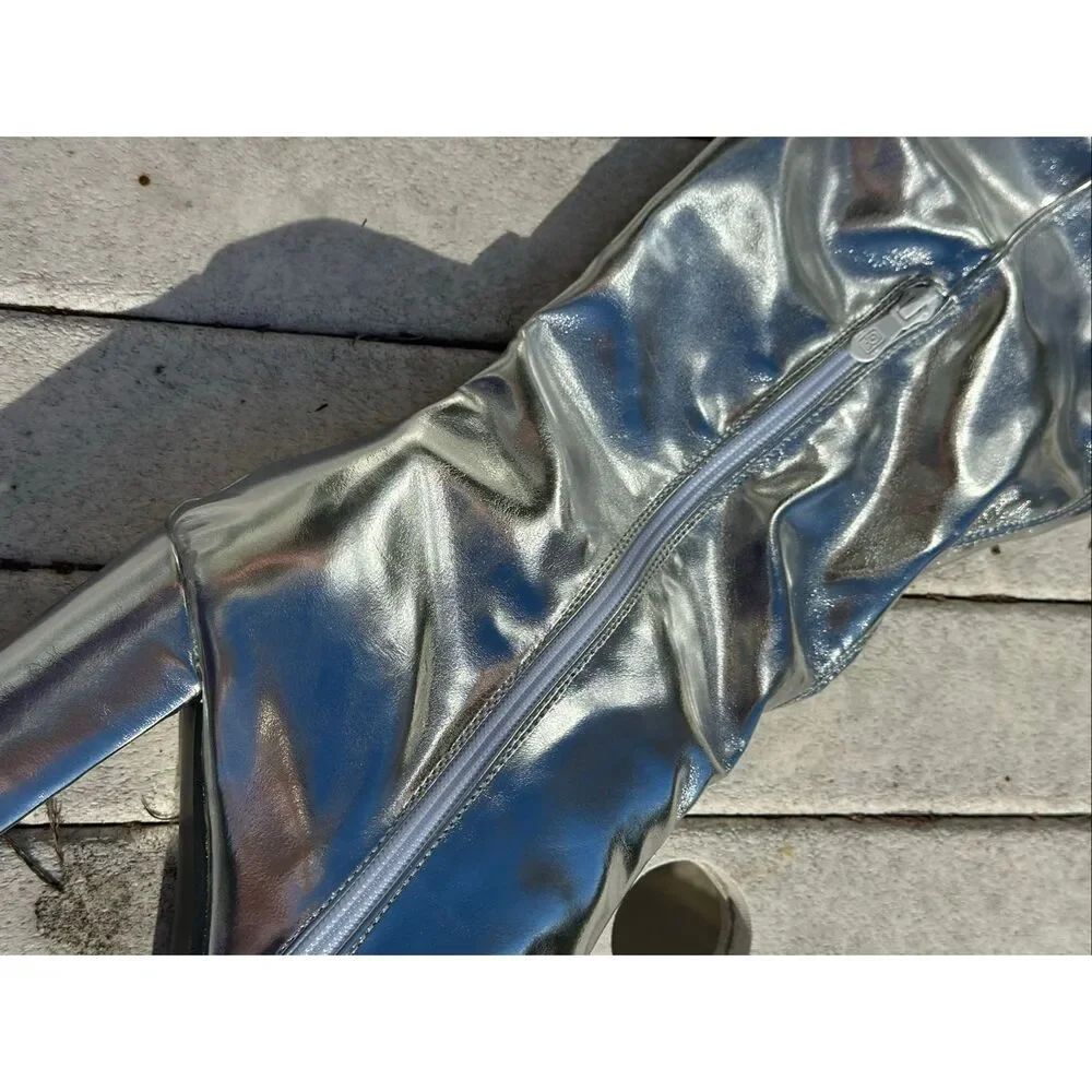 Silver Metallic OTK Boots Sz 12 Inside Zip Block Heel Pointed Toe